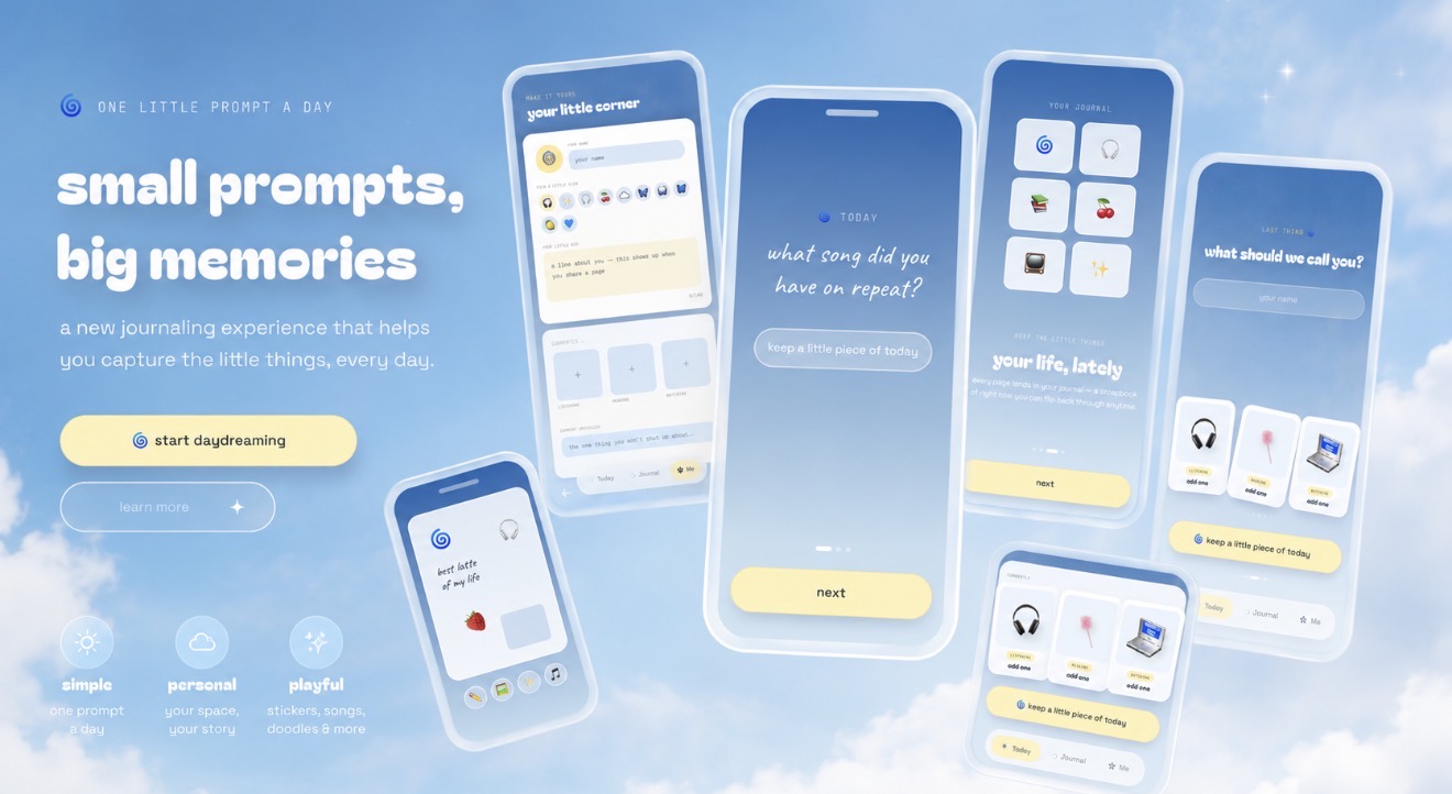 Daydreamz marketing hero showing floating mobile screens of the journaling app