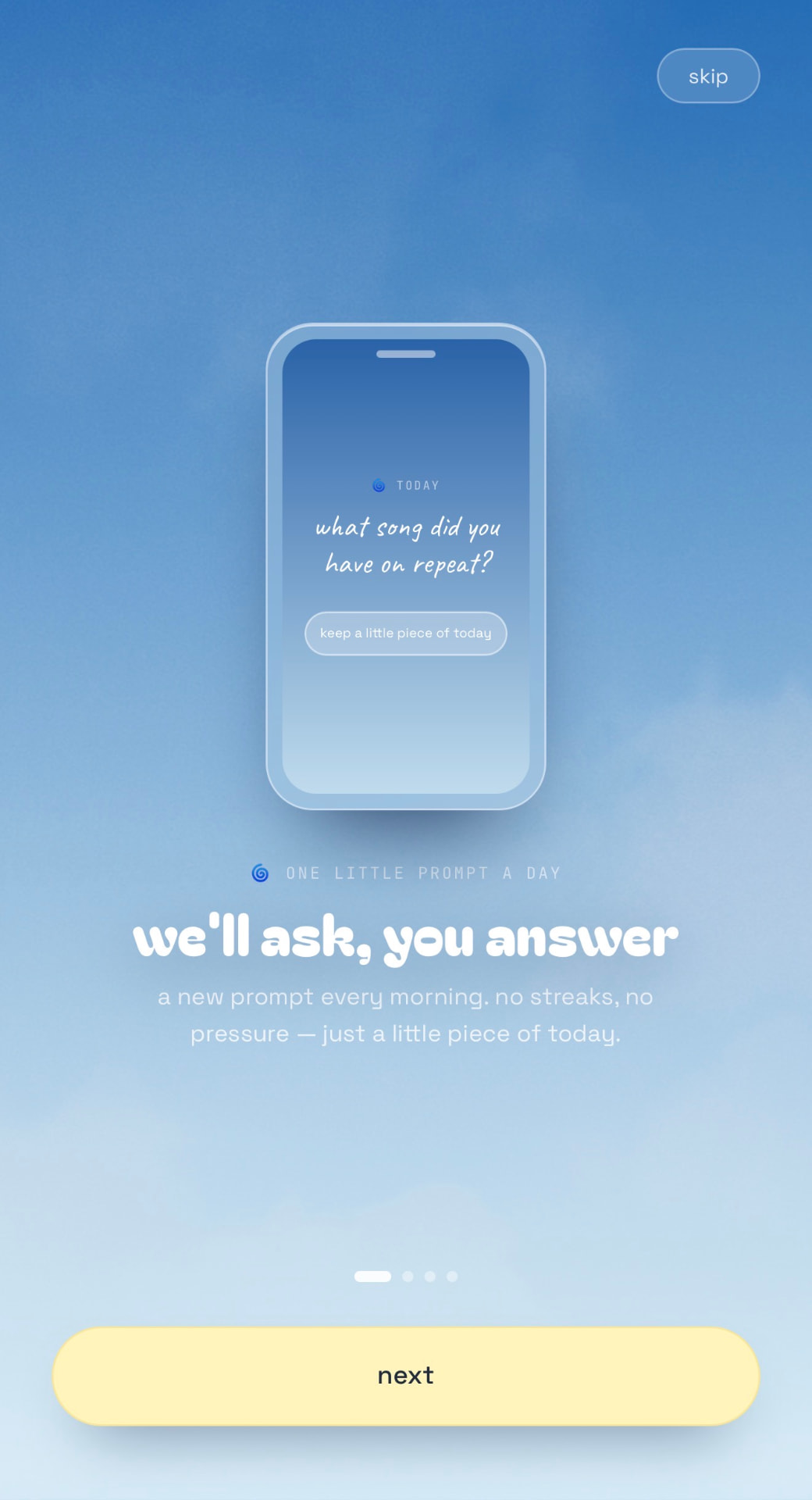 Daydreamz onboarding screen: we'll ask, you answer