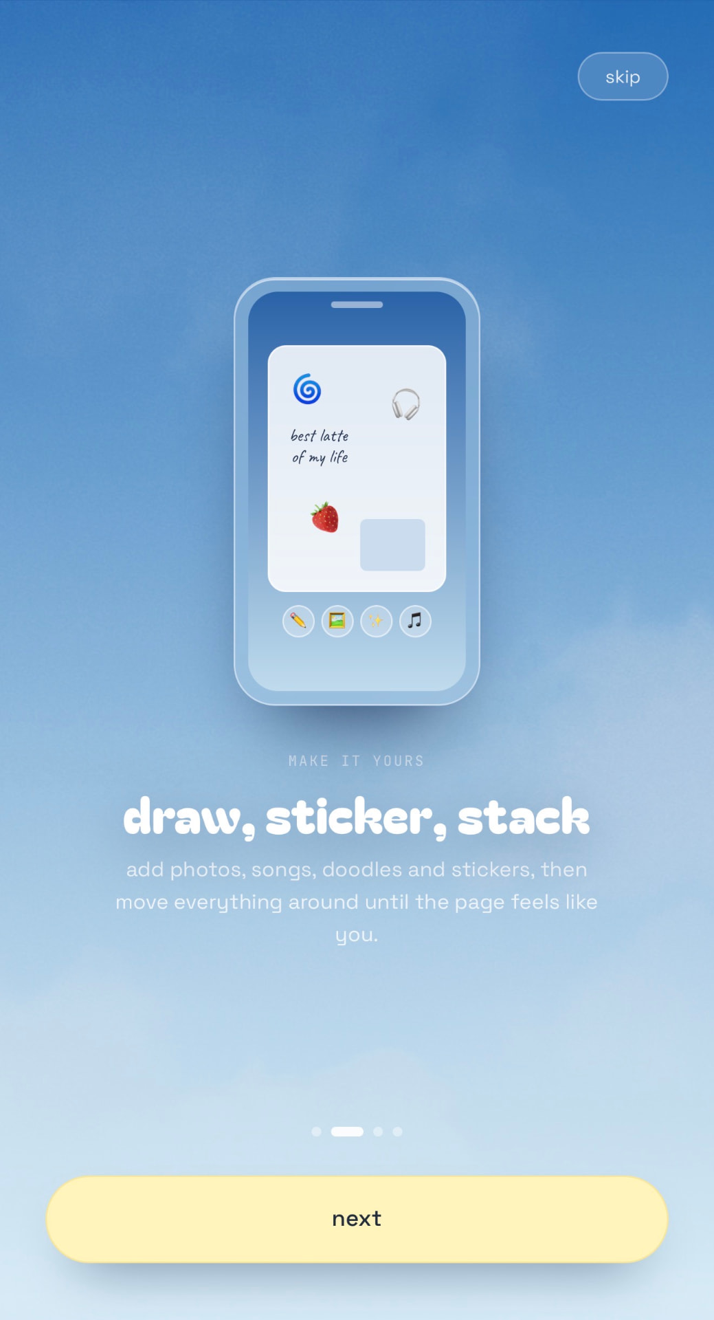 Daydreamz onboarding screen: draw, sticker, stack