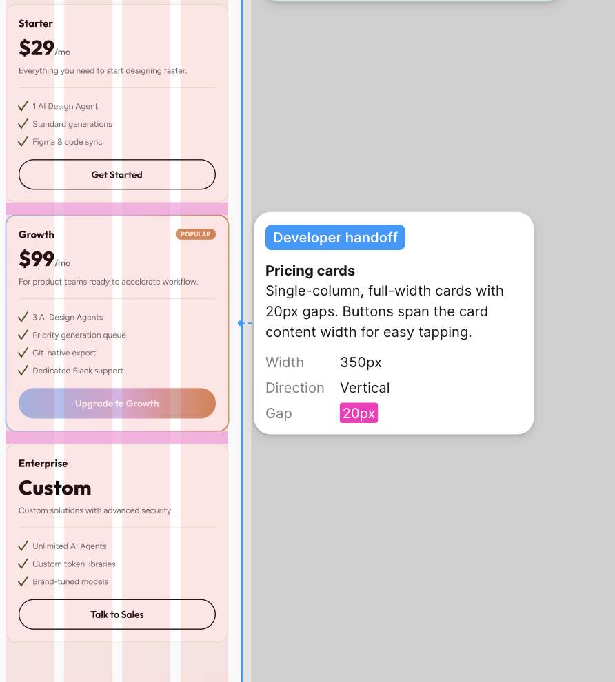 Pricing card component annotated with sizing and gap specs