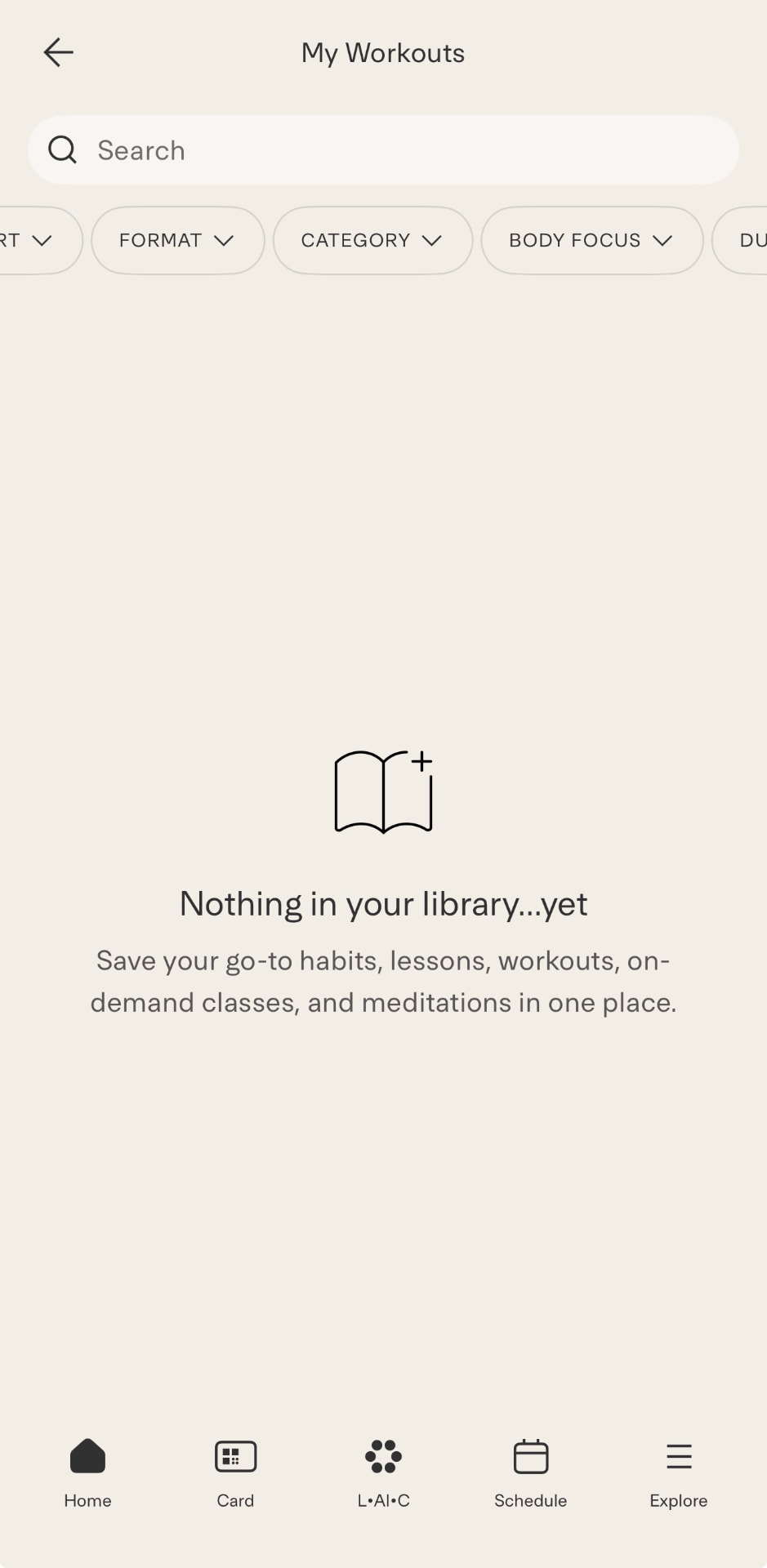 My Workouts saved library empty state