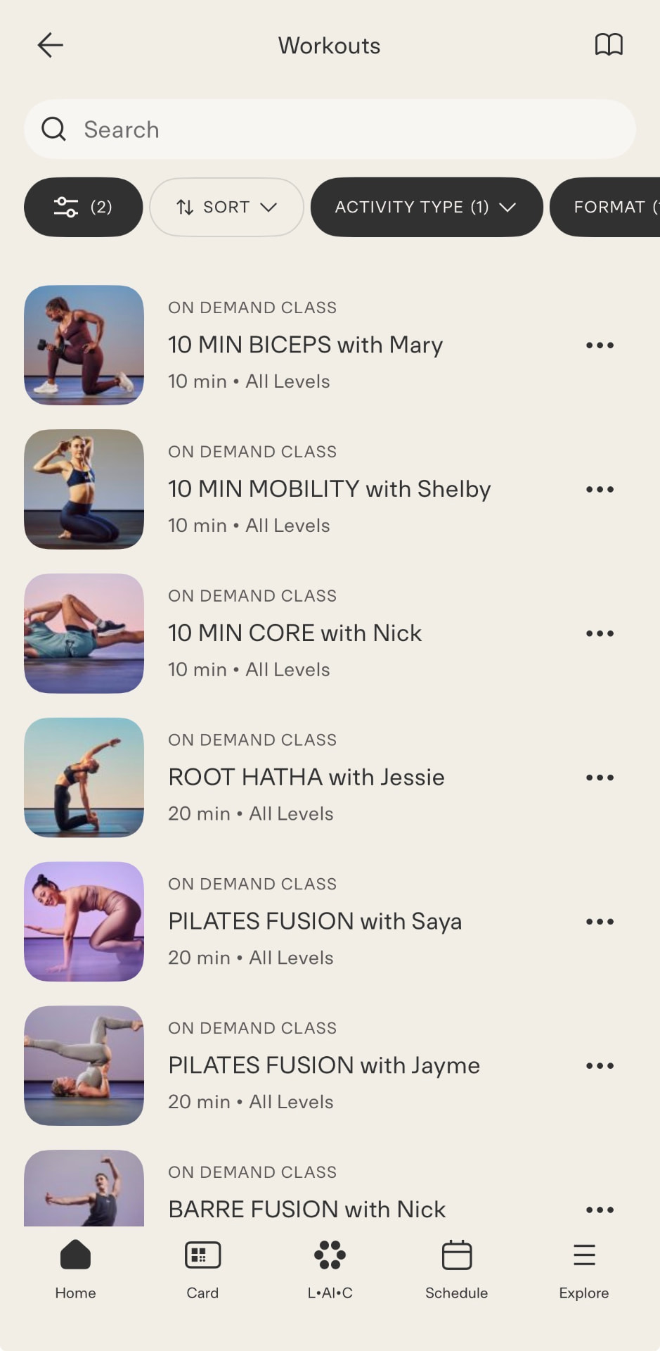 Workouts list with sort, activity type and format filters