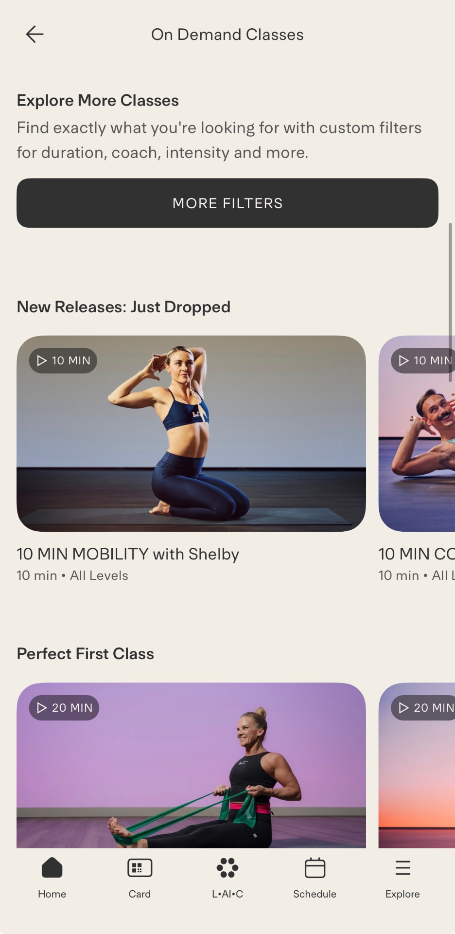 On Demand classes browse screen with filters and new releases
