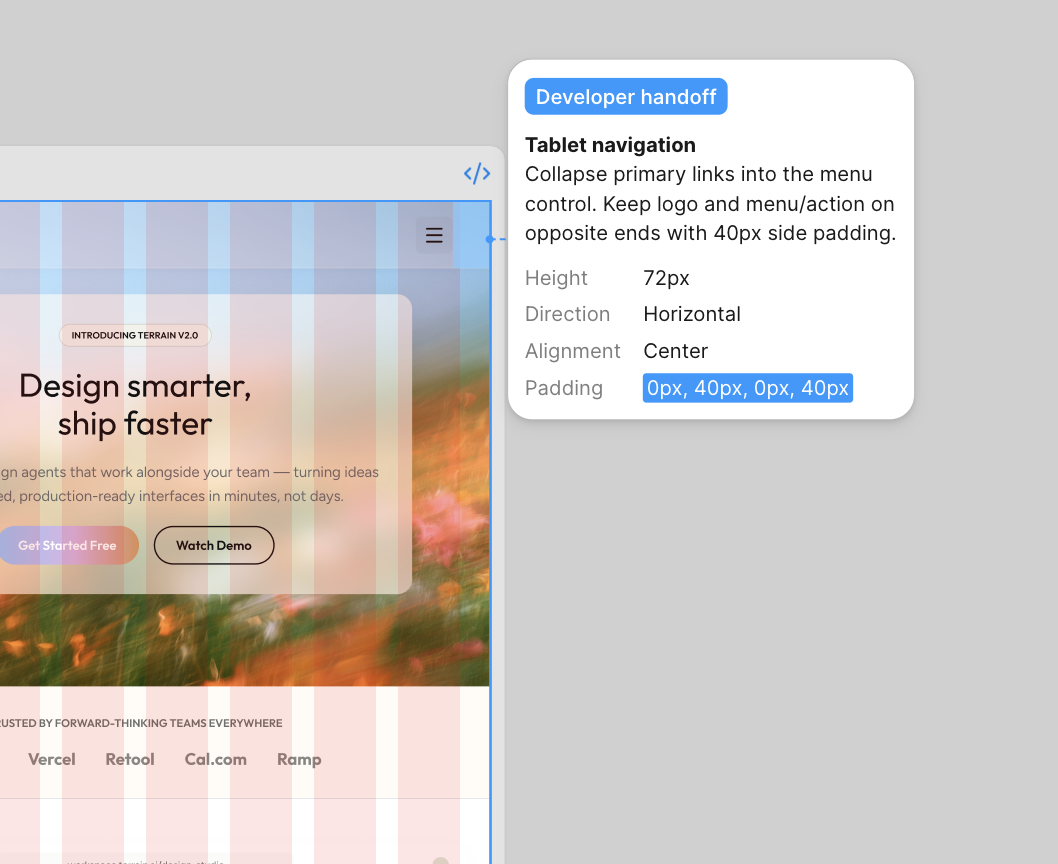Tablet layout annotated with collapsed navigation